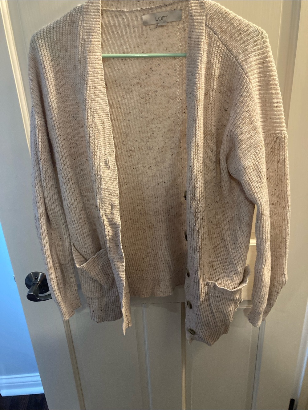 LOFT Cream Speckled Knit Button-Front Cardigan